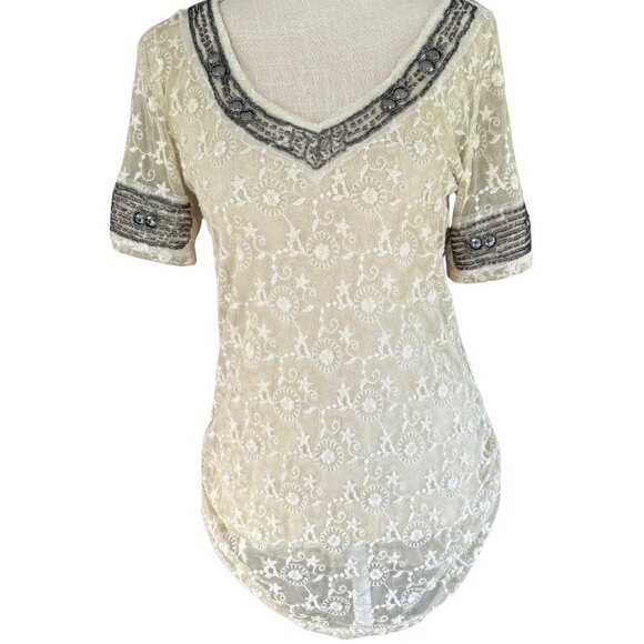 Black Swan Cream Lace Beaded Boho Blouse Women’s Small Romantic Top - Picture 1 of 14